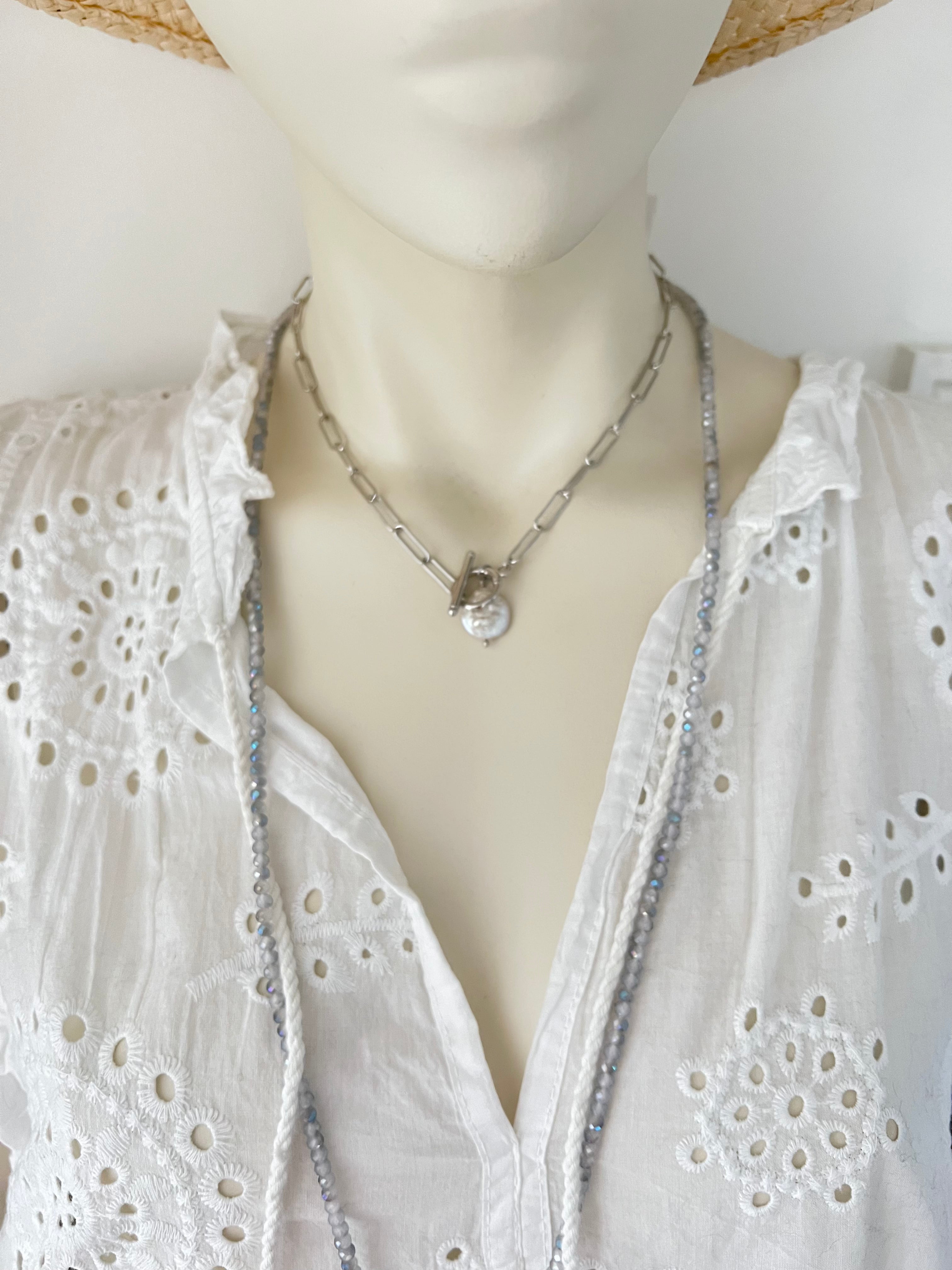 Paperclip Necklace with Pearl Pendant in Silver