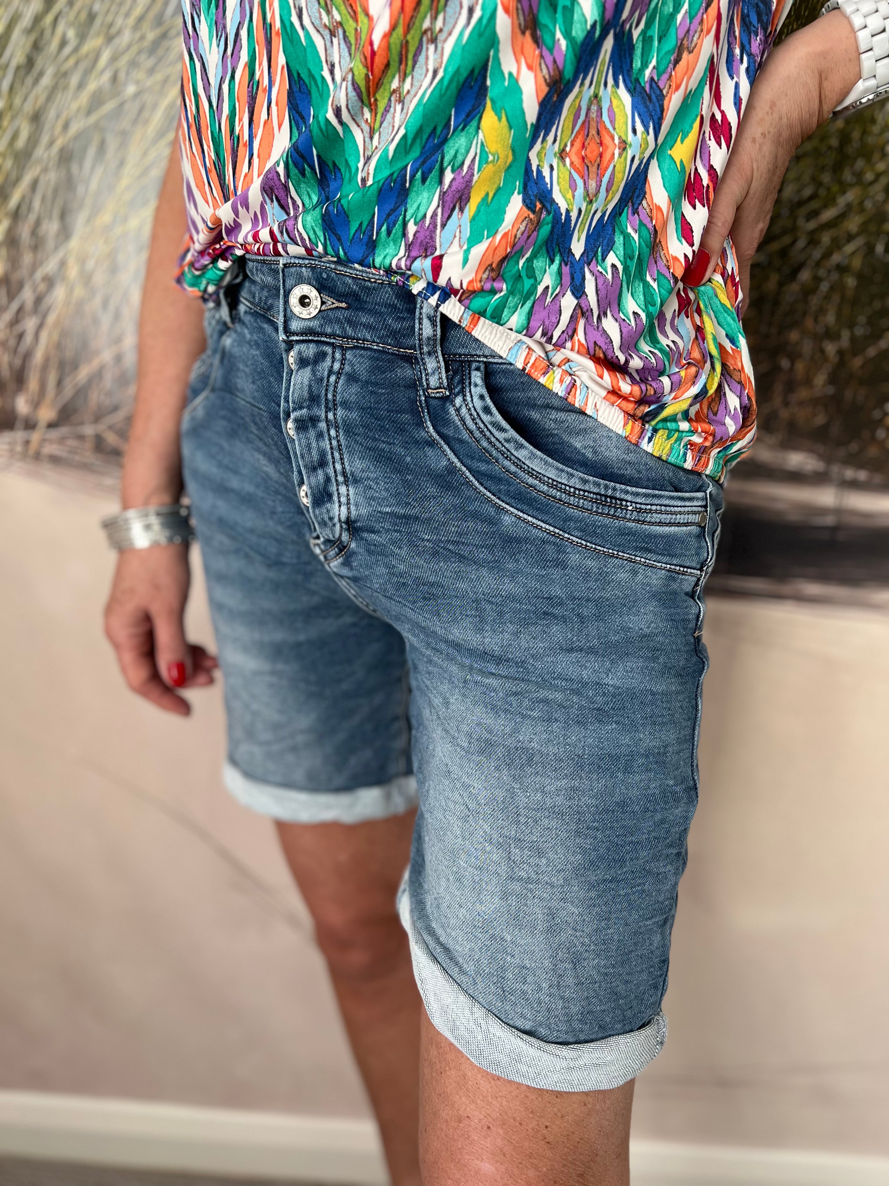 Covered Button Fly Shorts in Denim