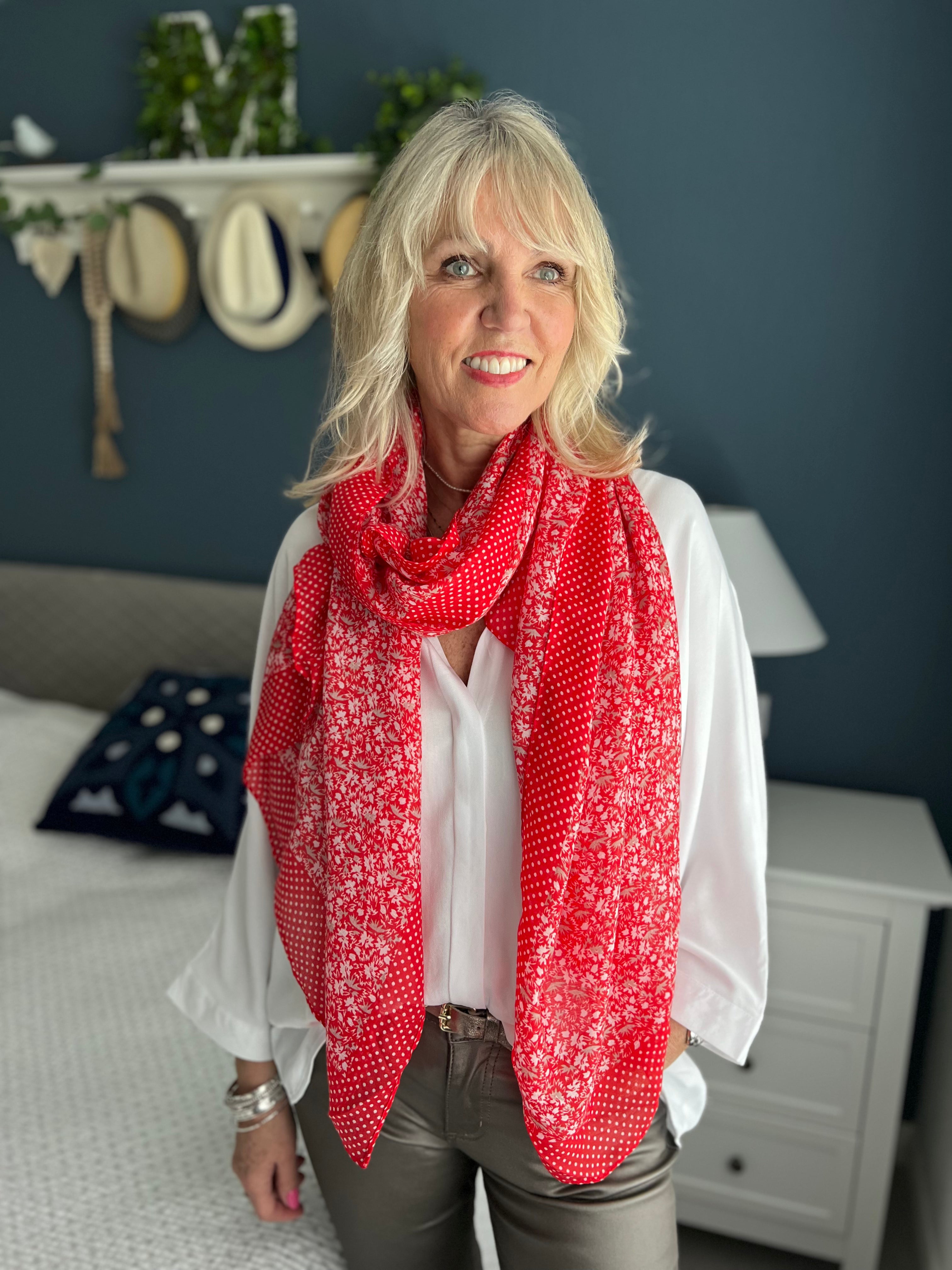 Dot & Floral Print Scarf in Red & Ivory