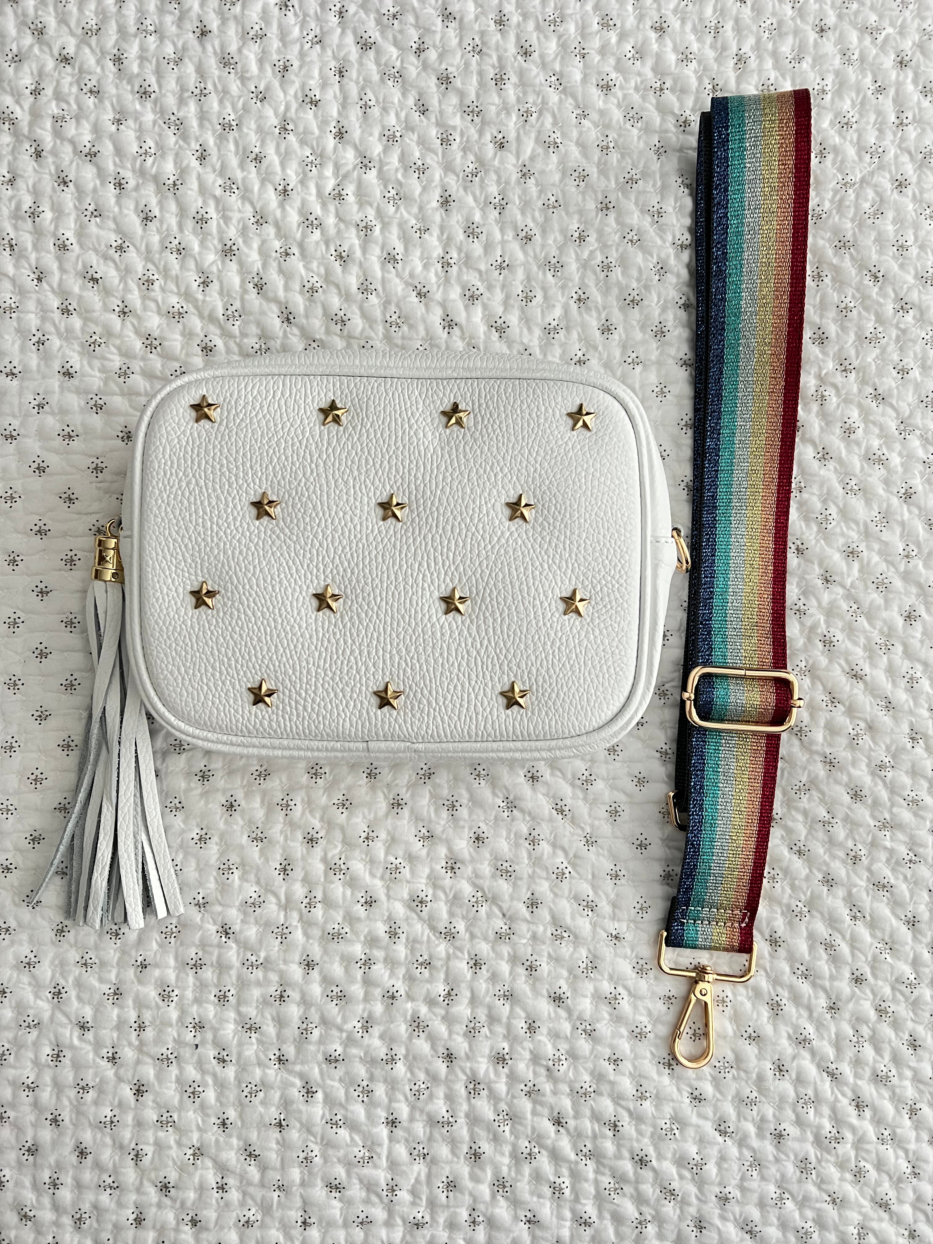 Leather Star Studded Crossbody Bag in White