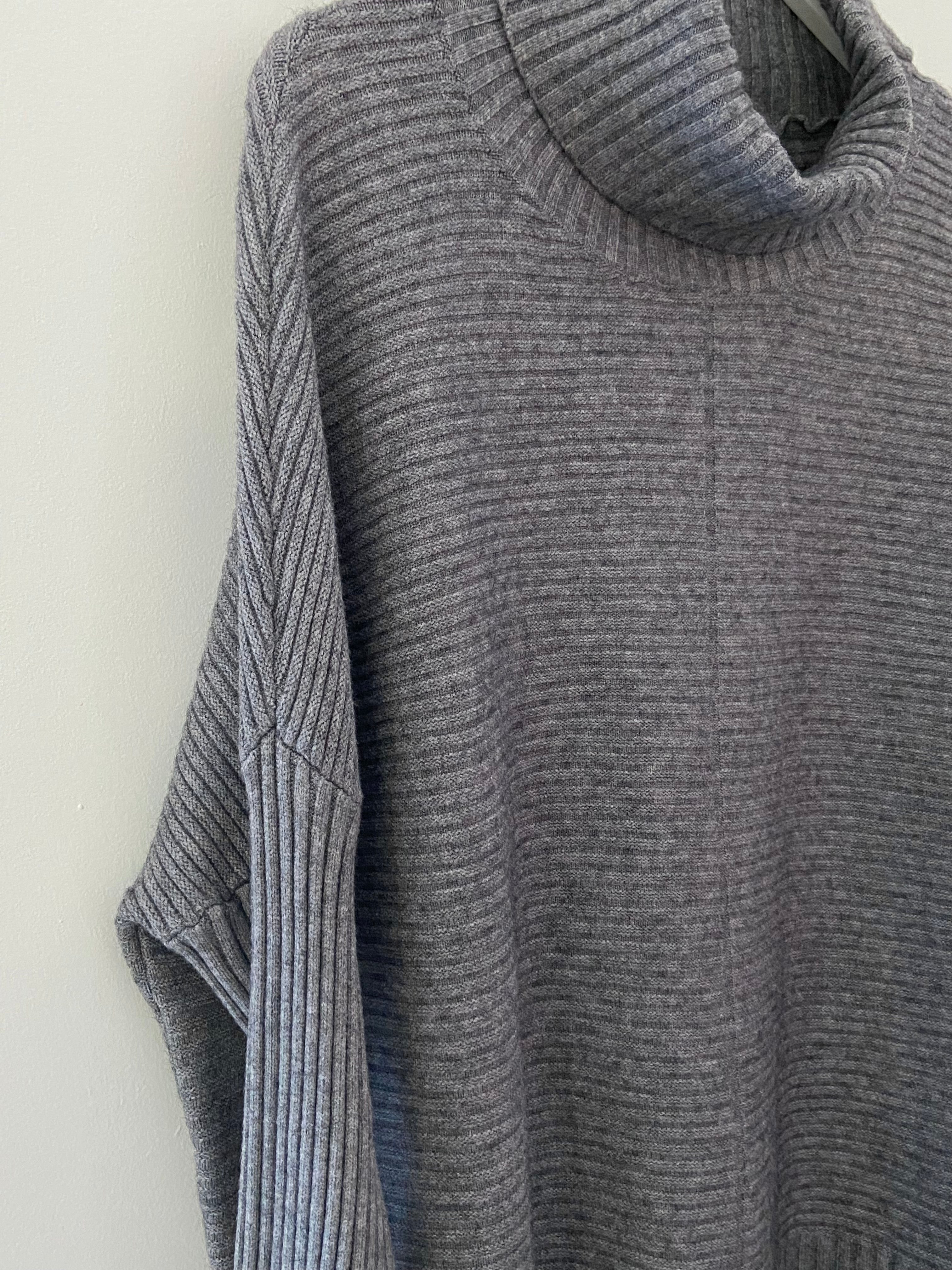 Ribbed Roll Neck Poncho Jumper In Grey