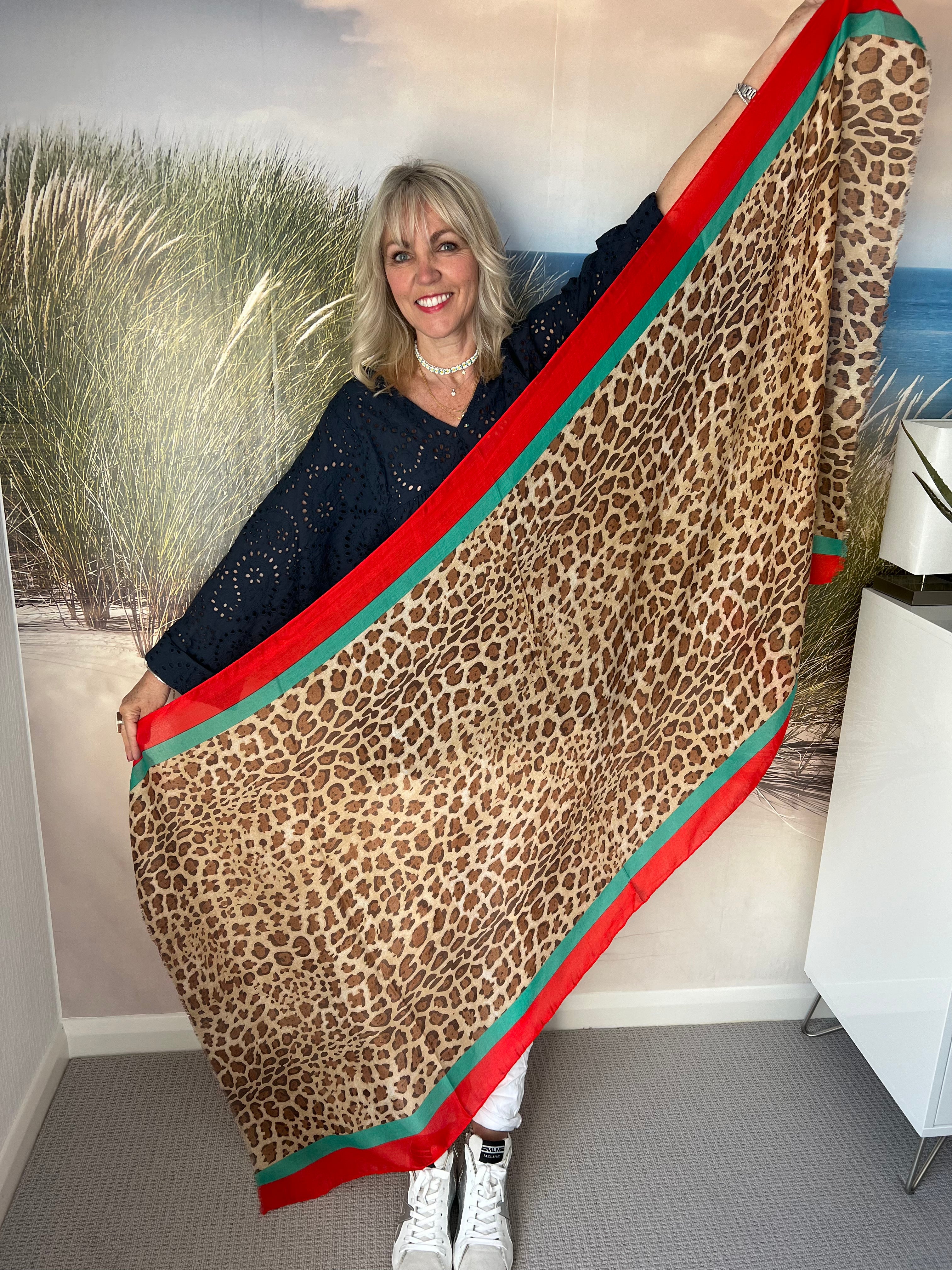 Leopard Print Scarf with Red Stripe